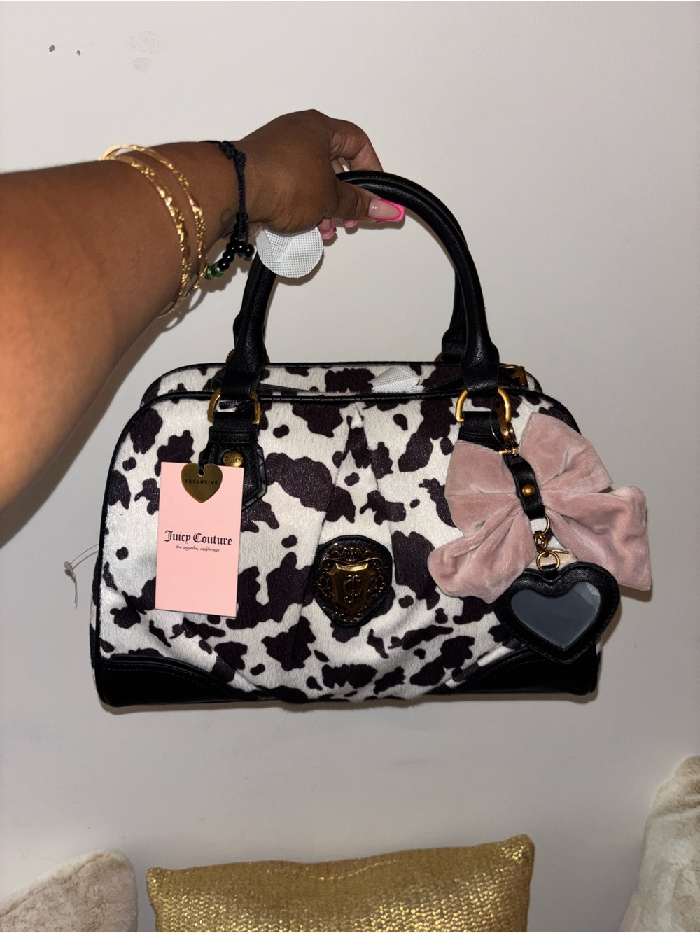 Juicy Couture Black & White Cow Print Satchel with Pink Bow Charm